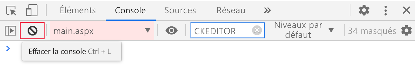 Capture d’écran des outils de développeur du navigateur, avec l’icône Effacer la console en surbrillance.