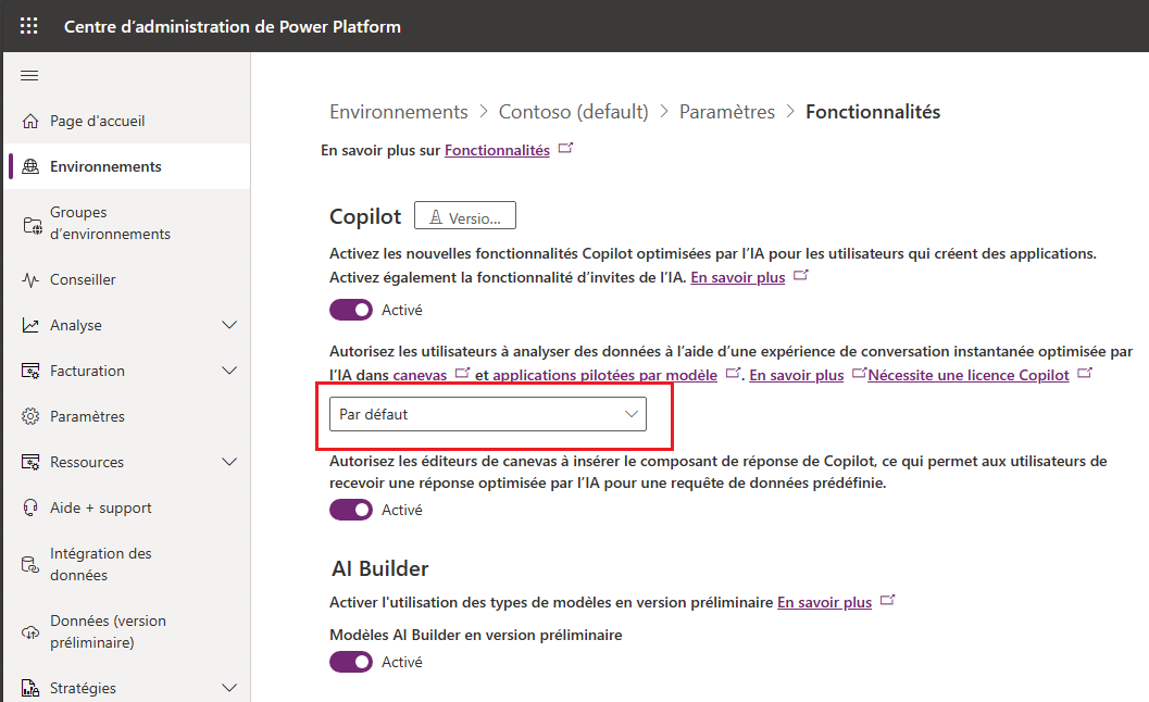 Capture d’écran montrant comment activer Copilot dans un environnement.