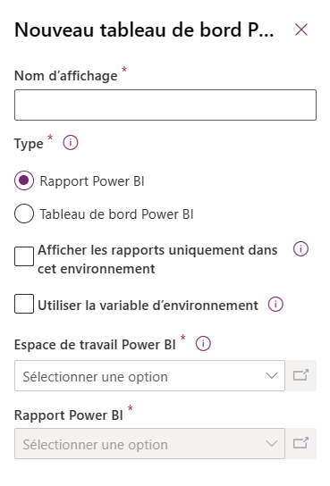 Volet Nouveau tableau de bord Power BI Embedded