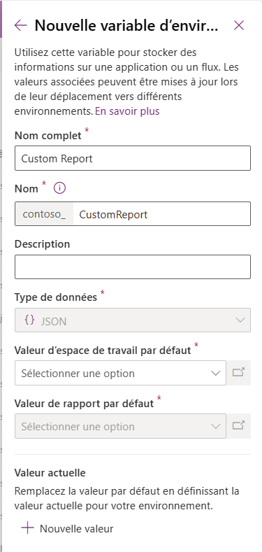 Volet de la variable d’environnement Power BI Embedded.