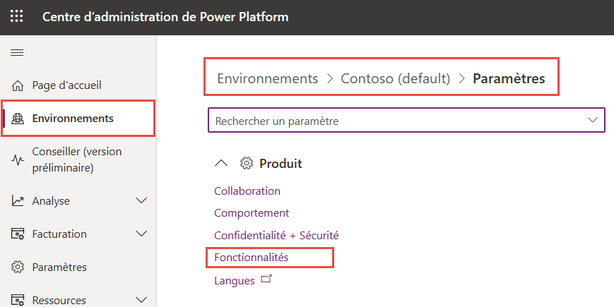 Capture d’écran montrant où définir les fonctionnalités d’environnement.