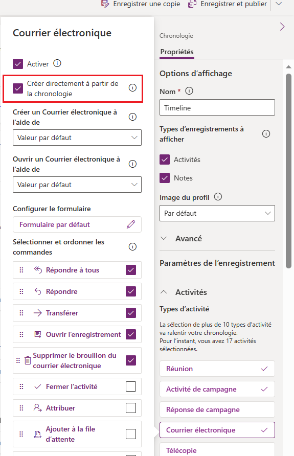 Configurer la possibilité de créer directement à partir de la chronologie