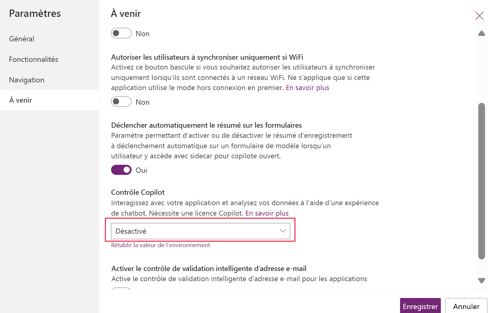 Capture d’écran montrant comment désactiver la conversation instantanée Copilot dans une application pilotée par modèle.