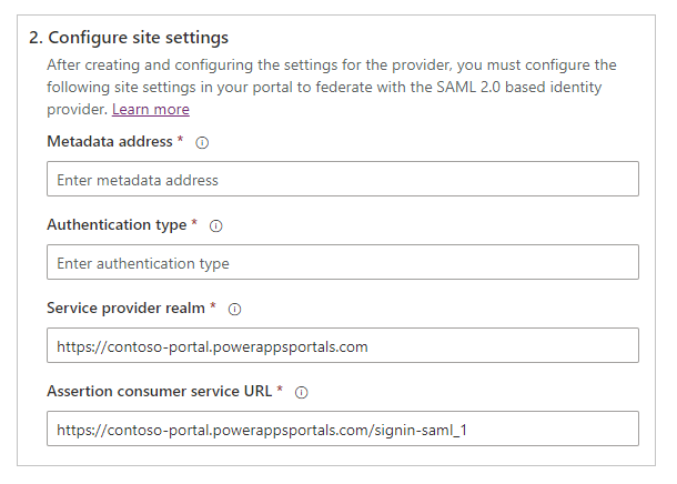 Configurer les paramètres du site SAML 2.0.