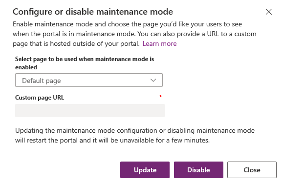 Mettre à jour les paramètres du mode maintenance.