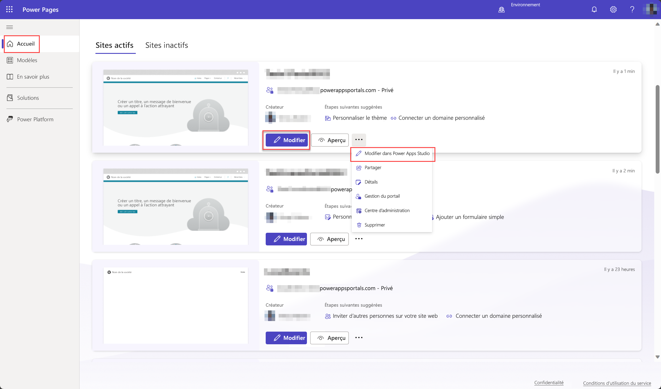 Une capture d’écran de la page d’accueil dans le studio de conception Power Pages. Les sites actifs de l’utilisateur sont affichés et l’option de menu Modifier dans Power Apps Studio est mise en évidence.