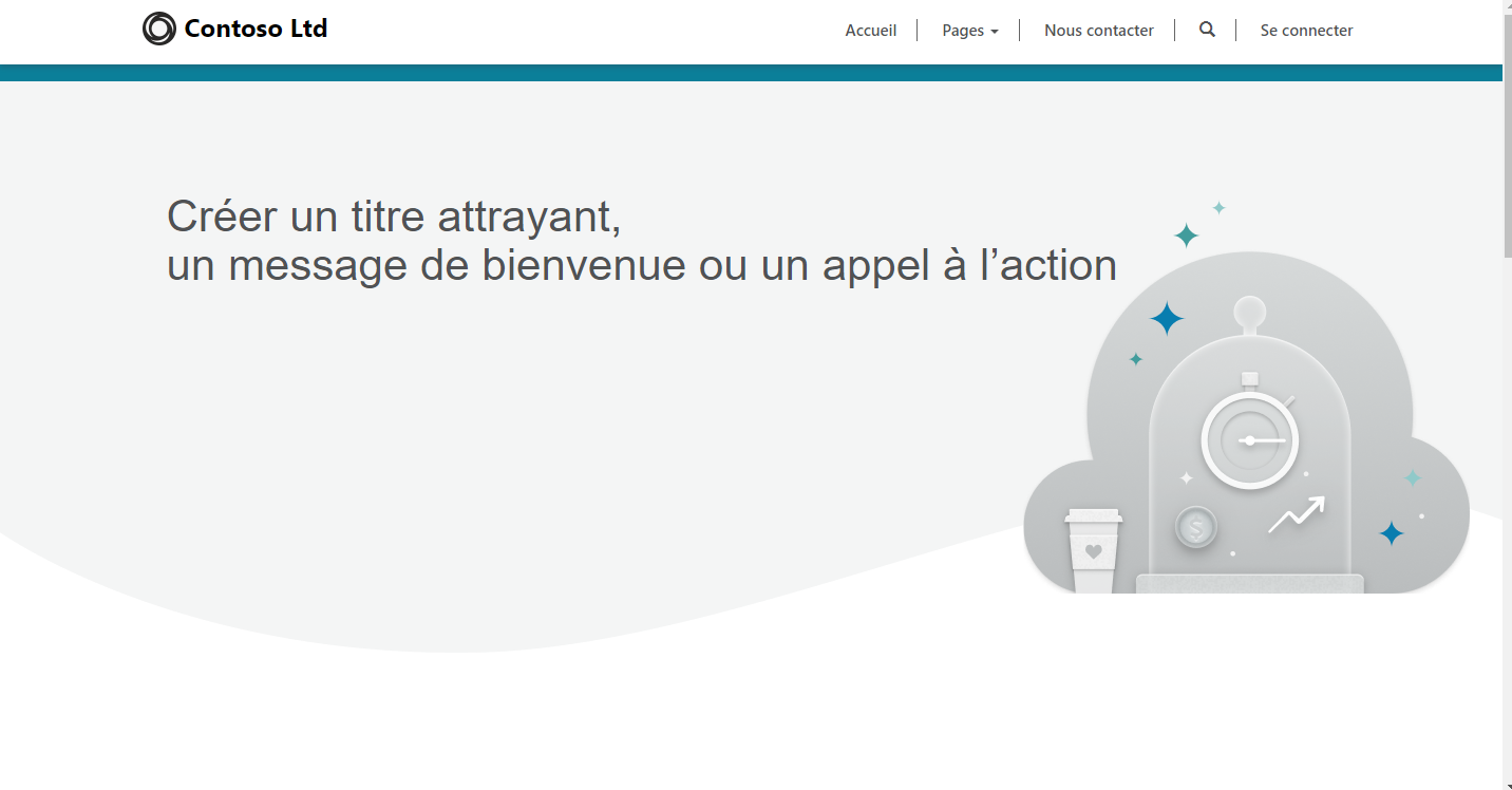 Une capture d’écran d’un aperçu du site Web pour Contoso Ltd. Un message affiché en bas indique : Ce site Web utilise des exemples de données à des fins d’illustration. Vous pouvez créer des pages en utilisant les modèles disponibles.