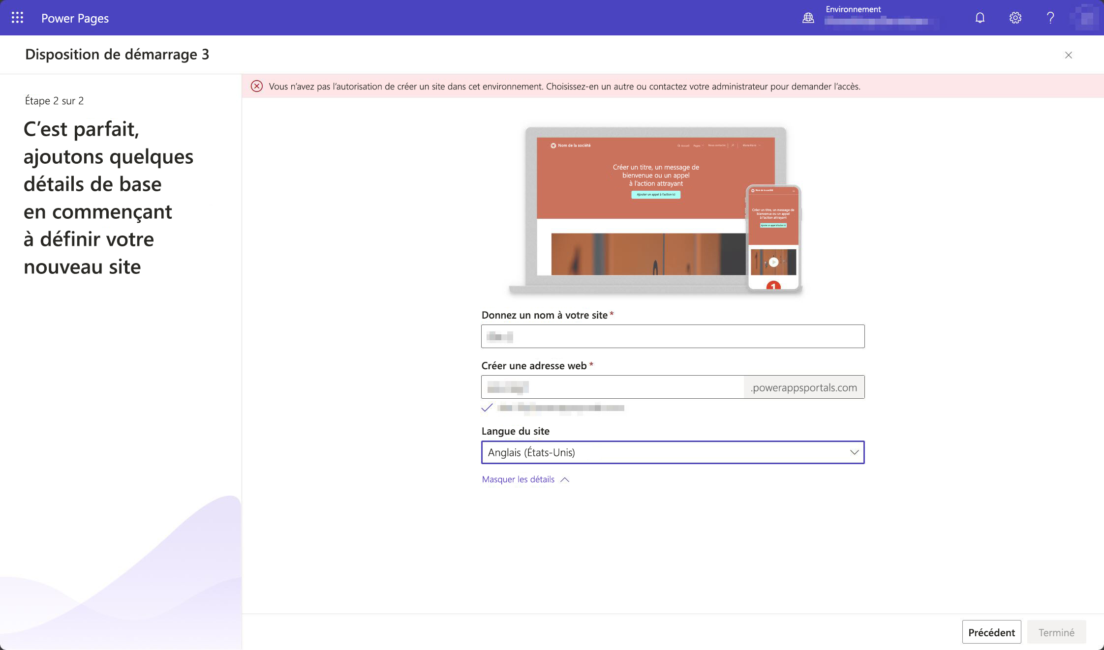 Capture d’écran du studio de conception Power Pages affichant un message indiquant que l’utilisateur n’est pas autorisé à créer un site dans l’environnement qu’il a sélectionné.