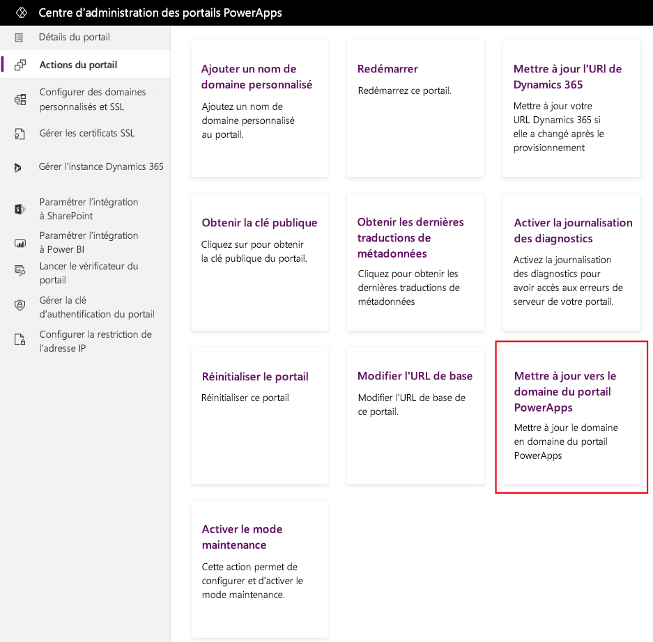Mettre à jour vers le domaine de portail Power Apps - actions portail.