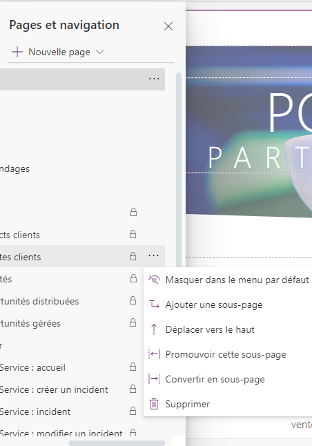 options de gestion de la page Web.