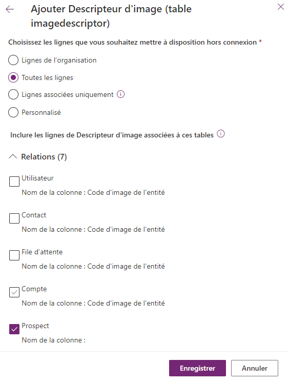 Capture d’écran montrant les paramètres de la table Descripteur d’images.