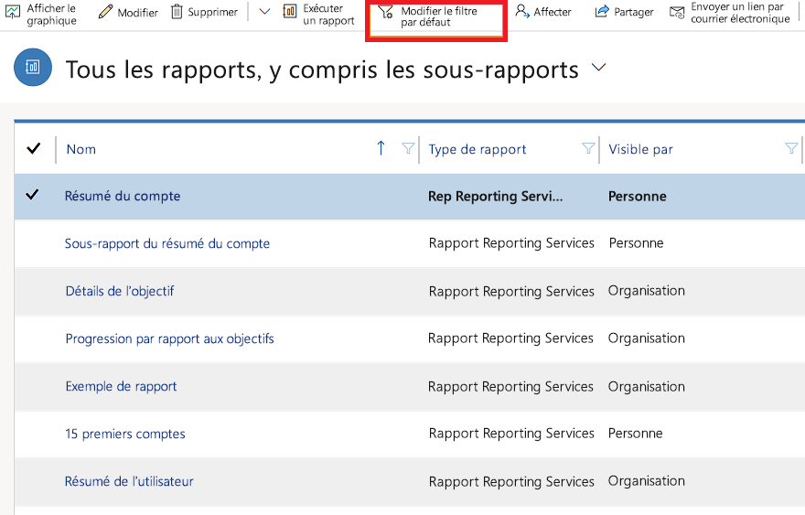 Modifier le filtre de rapport par défaut.