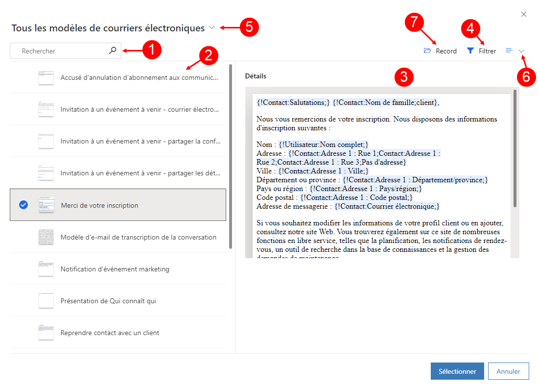 Fenêtre de sélection de la messagerie améliorée.