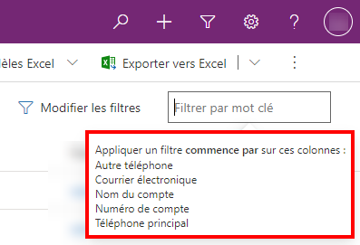 Info-bulle d’information qui indique la liste des colonnes sur lesquelles une correspondance « Commence par » est appliquée.