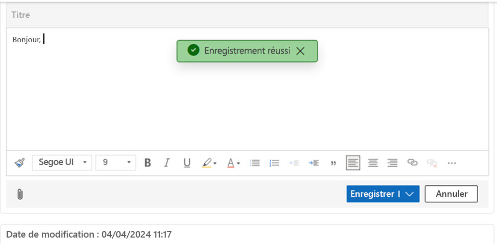 Message d’enregistrement réussi.
