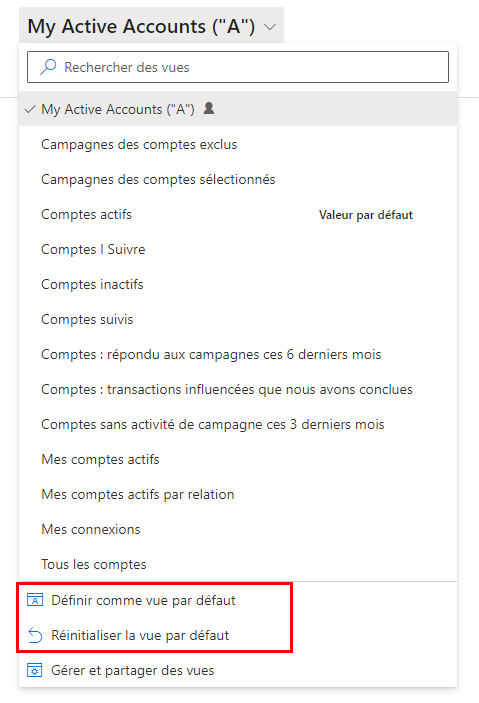 Une capture d’écran d’une page de grille, montrant les options de gestion de la vue par défaut dans la recherche avancée moderne.