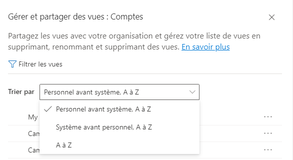 Une capture d’écran du volet Gérer et partager les vues, montrant les options de tri du sélecteur de vue.