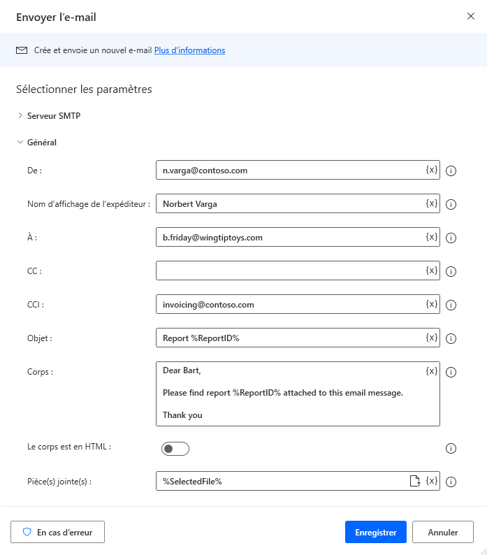 Capture d’écran de l’action Envoyer un e-mail.