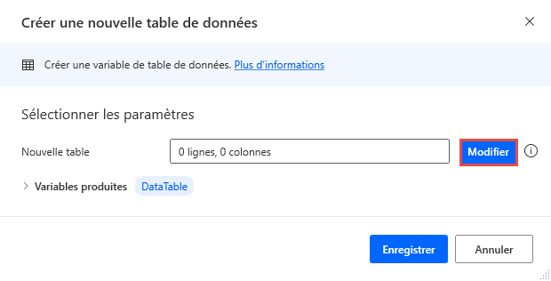 Capture d’écran de l’action Créer une table de données.