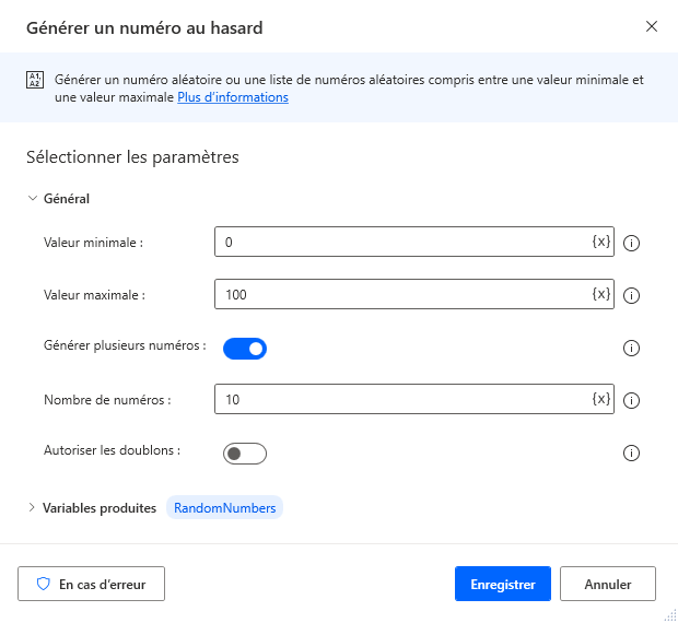 Capture d’écran de l’action Générer un nombre aléatoire.
