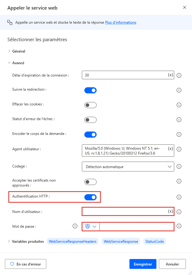 Capture d’écran des paramètres avancés de l’action Appeler le service Web.