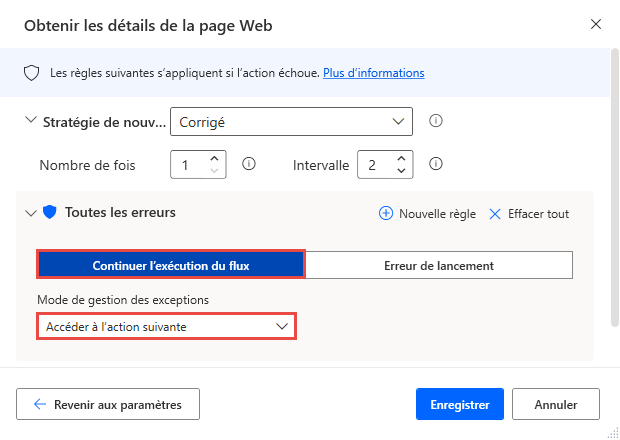 Capture d’écran des options en cas d’erreur de l’action Obtenir les détails de la page web.