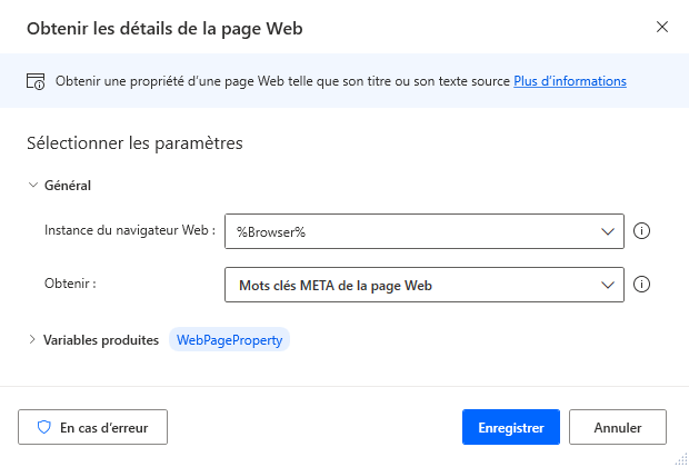 Capture d’écran de l’action Obtenir les détails de la page Web.