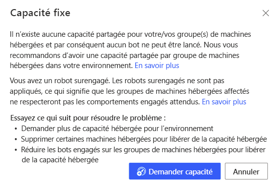 Actions de correction de la capacité hébergée