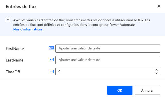 Capture d’écran de la boîte de dialogue des entrées de flux.