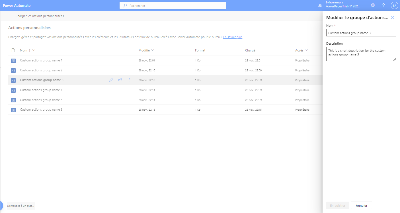 Capture d’écran du panneau Modifier le groupe d’actions personnalisées