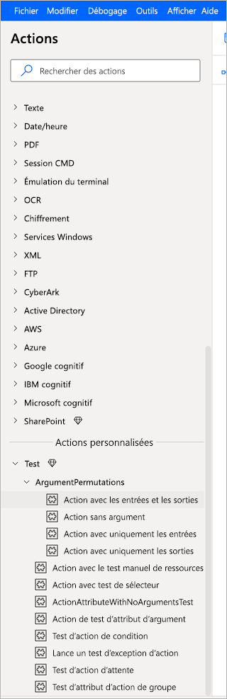 Capture d’écran des actions personnalisées dans l’arborescence des actions