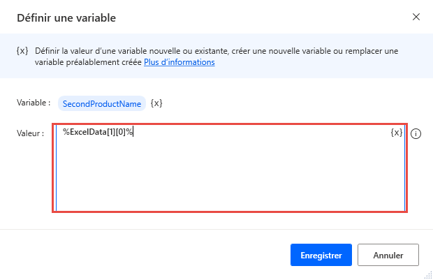 Capture d’écran d’une expression qui accède à la deuxième cellule de la première ligne d’un fichier Excel lu.