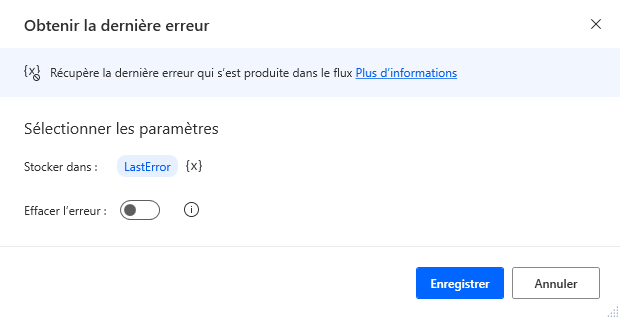 Capture d’écran de l’action Obtenir la dernière erreur.