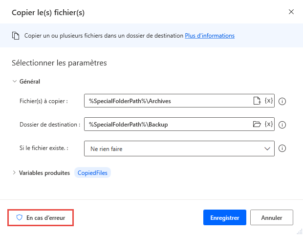 Capture d’écran de l’option En cas d’erreur dans l’action.