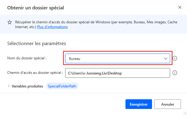 Capture d’écran de l’action Obtenir un dossier spécial.