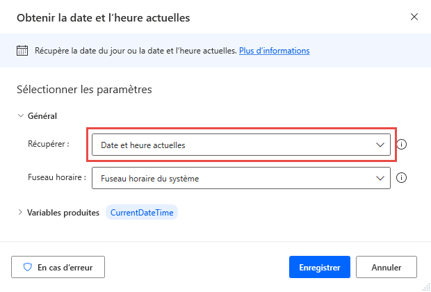 Capture d’écran de l’action Obtenir la date actuelle.