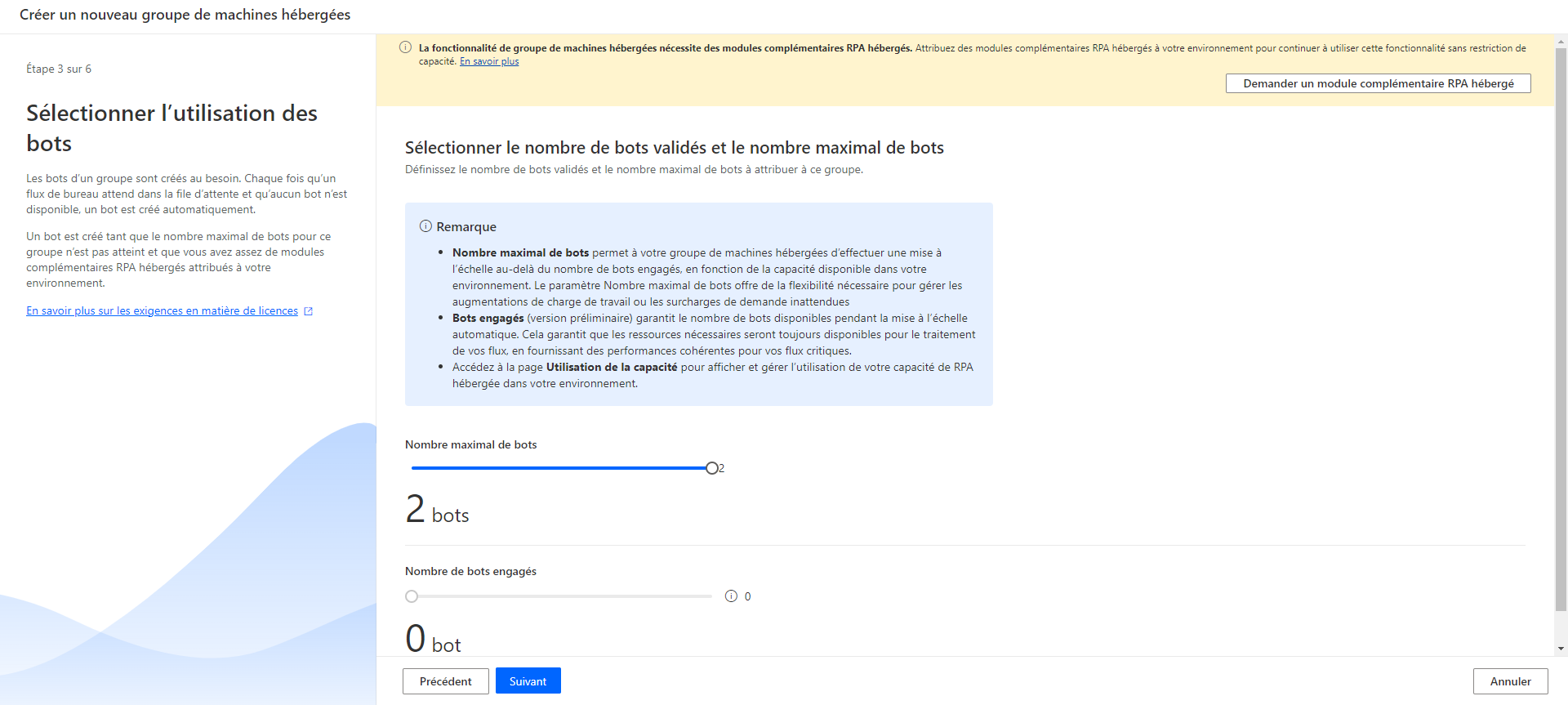 Capture d’écran de la configuration de la mise à l’échelle du groupe de machines hébergées dans l’assistant de création.