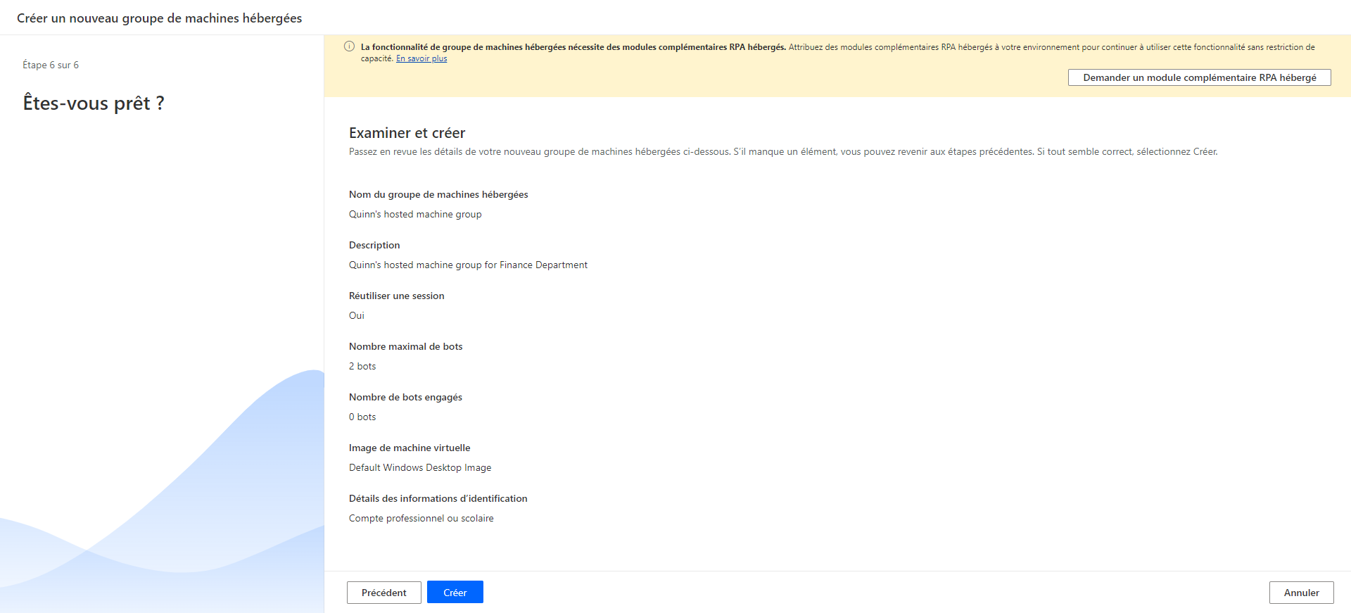 Capture d’écran de l’assistant de création de groupe de machines hébergées.