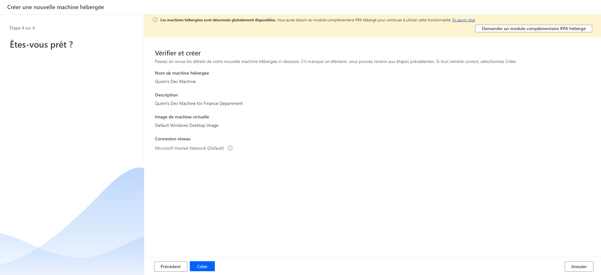 Capture d’écran de l’assistant de création de machines hébergées.