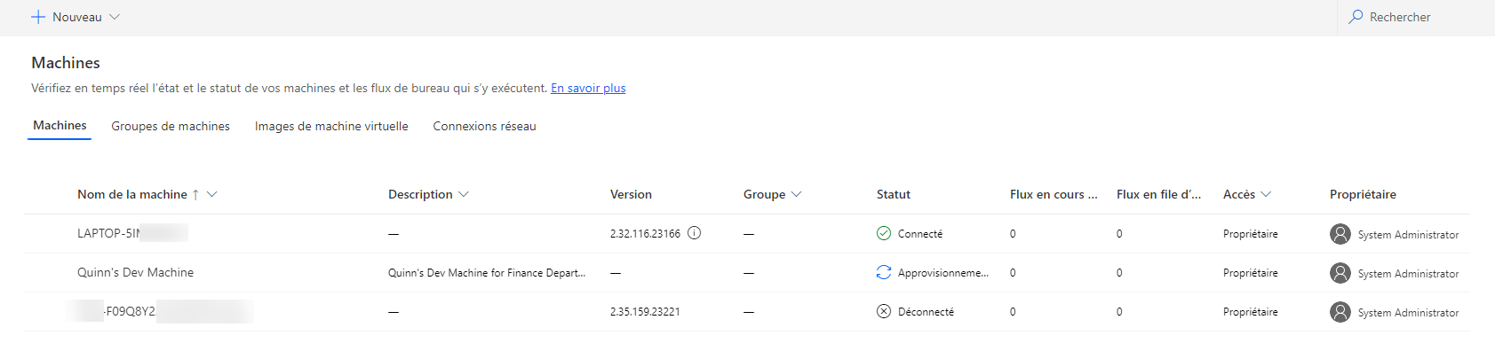 Capture d’écran de la liste des machines hébergées dans le portail Power Automate.