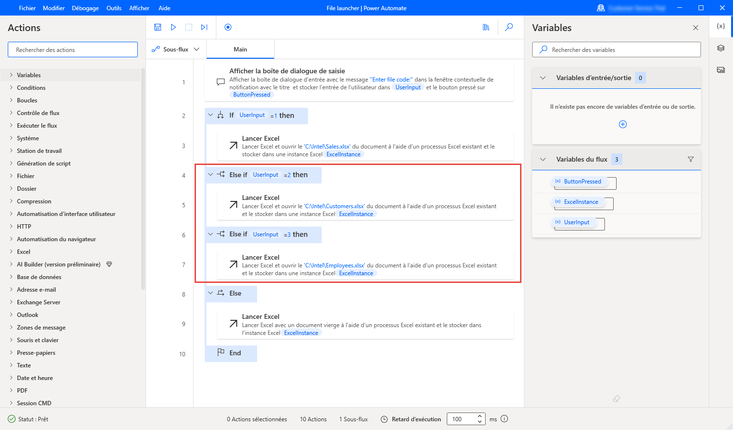 Capture d’écran d’un exemple de flux contenant un bloc If-else avec deux blocs Else-if supplémentaires.