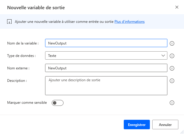 Capture d’écran de la boîte de dialogue de création d’une variable de sortie.