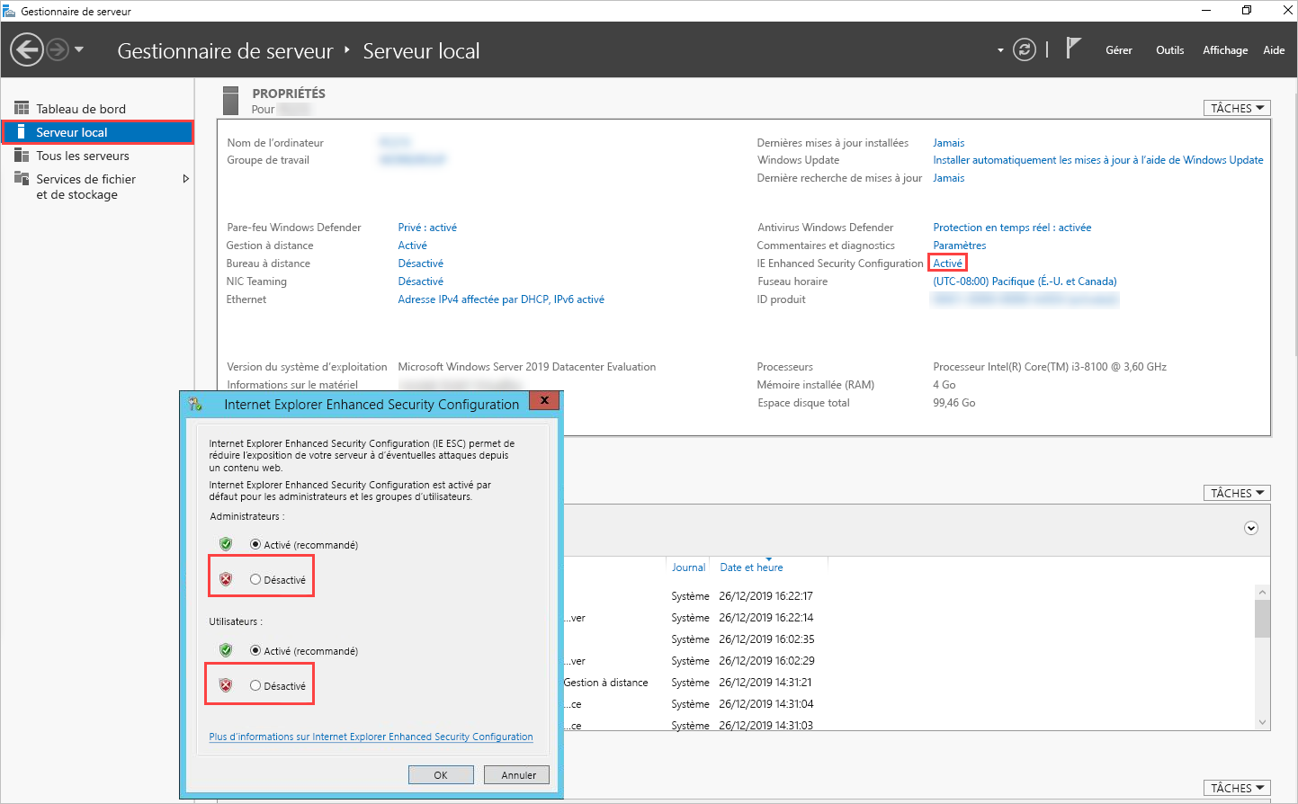 Capture d’écran de la fonctionnalité IEESC dans les paramètres du serveur local d’Internet Explorer.