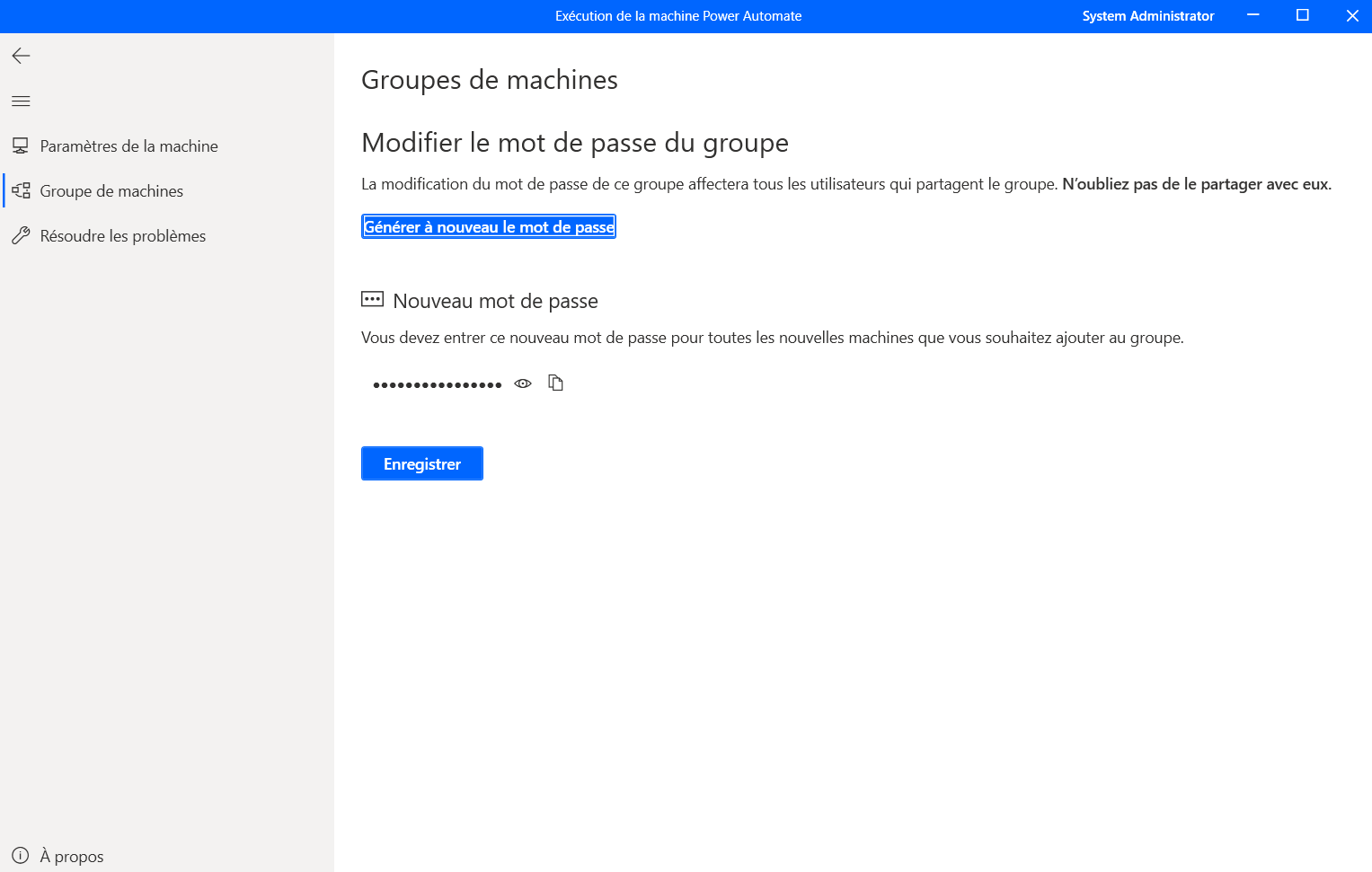Capture d’écran des champs pour le nouveau mot de passe du groupe de machines.