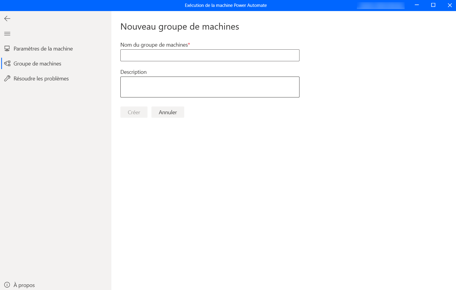 Capture d’écran de la boîte de dialogue de création d’un groupe de machines.