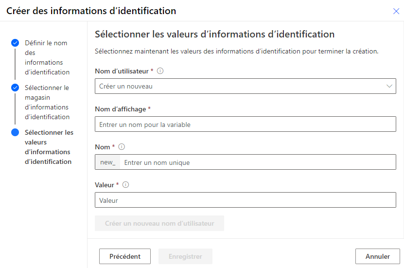 Capture d’écran de la définition du nom d’utilisateur des informations d’identification.