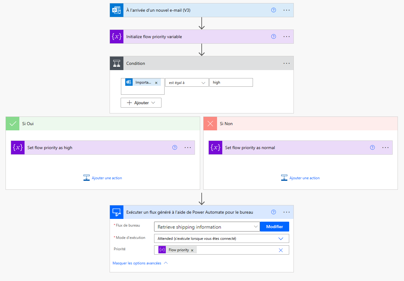 Capture d’écran d’un flux de cloud utilisant l’action Exécuter un flux généré avec Power Automate Desktop.