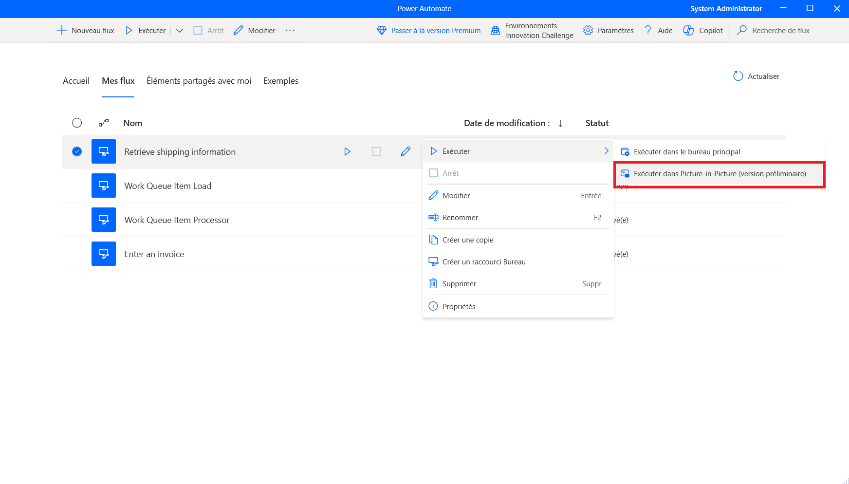 Exécutez en mode Picture-in-Picture via la console Power Automate.