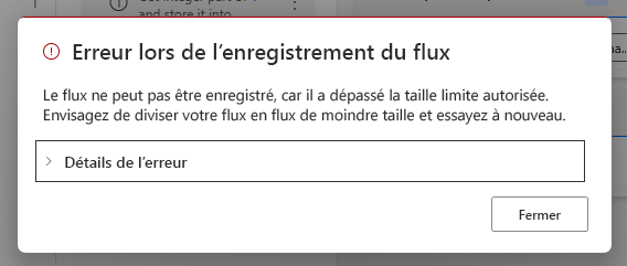 Message d’erreur Erreur lors de l’enregistrement du flux indiquant une limite de la taille du flux.