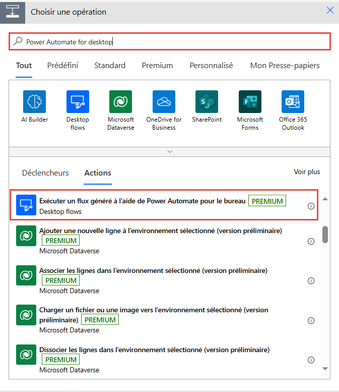 Capture d’écran de l’action Exécuter un flux créé avec Power Automate pour le bureau sélectionnée dans la boîte de dialogue Choisir une action.